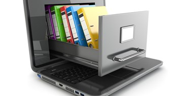 Keeping an Often Digital Paper Trail Data storage. Laptop and file cabinet with ring binders. 3d
