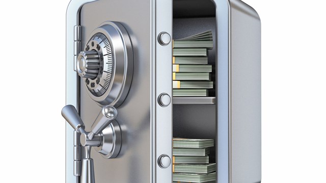Unlocked steel safe with money inside 3D rendering illustration isolated on white background