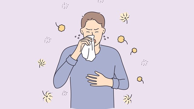 Allergy reaction, medicine and healthcare concept. Man cartoon character having pollen allergy with Runny nose and watery eye vector illustration