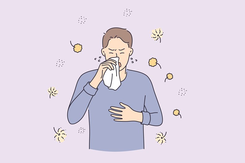 Allergy reaction, medicine and healthcare concept. Man cartoon character having pollen allergy with Runny nose and watery eye vector illustration