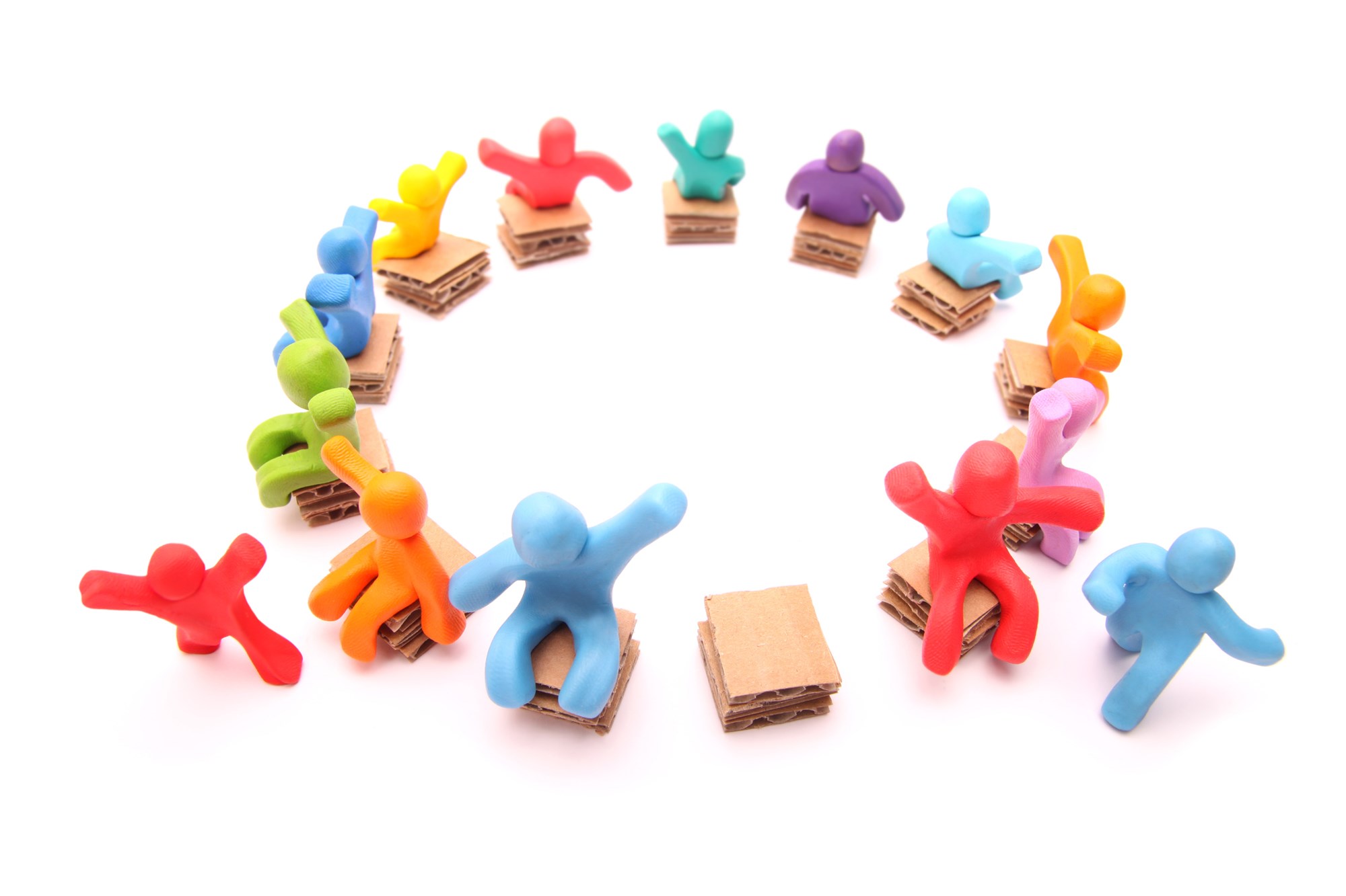 colorful group of cheerful plasticine kids playing "musical chairs" - only one free seat left so the last two guys have to hurry! - isolated on white