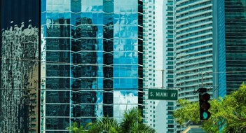 Cityscape sign view of the popular Brickell area near downtown Miami.