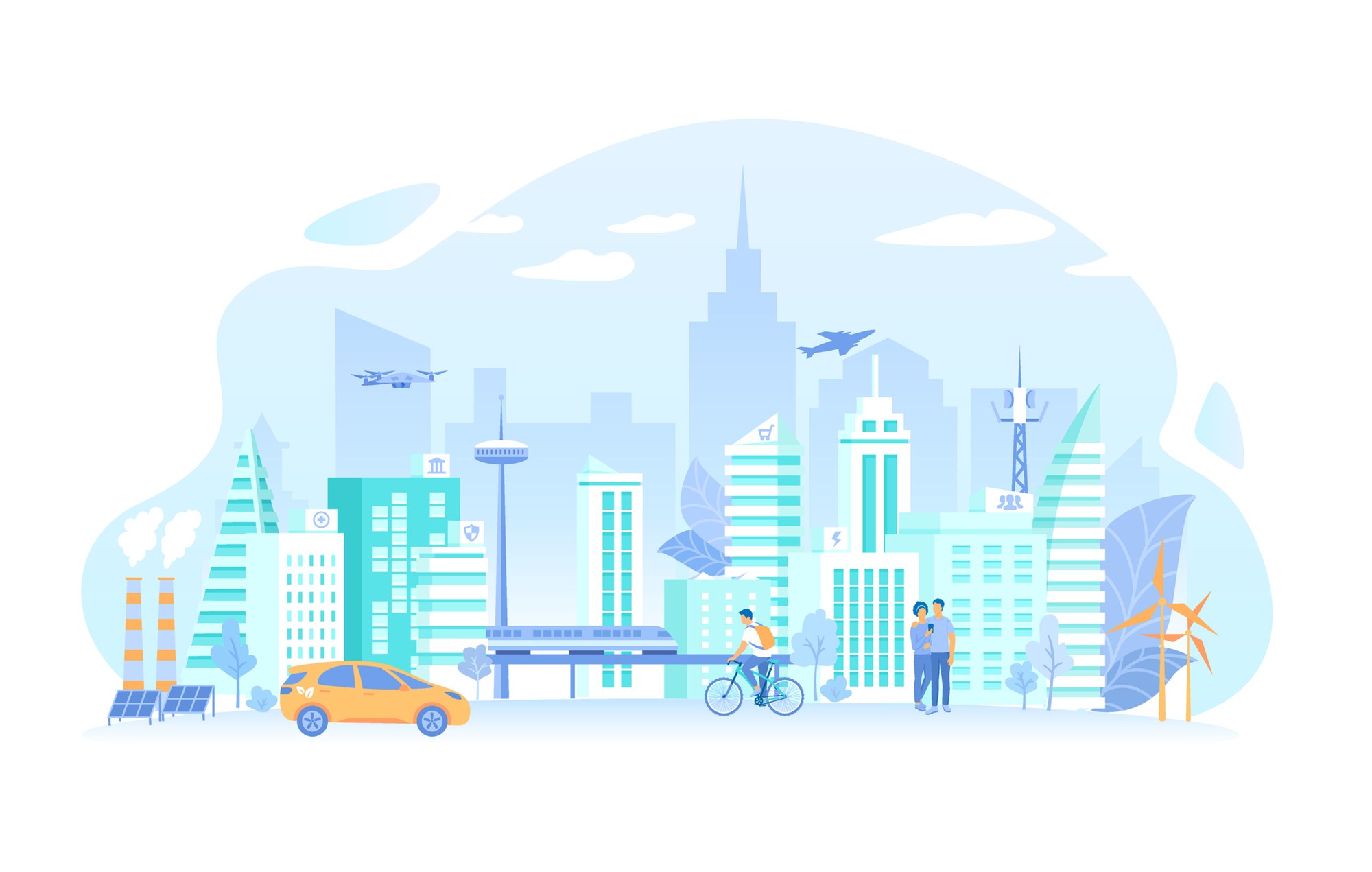 Urban landscape with building architecture, communication, infrastructure, transportation, services, eco energy. Smart City Skyline. Vector illustration flat style.