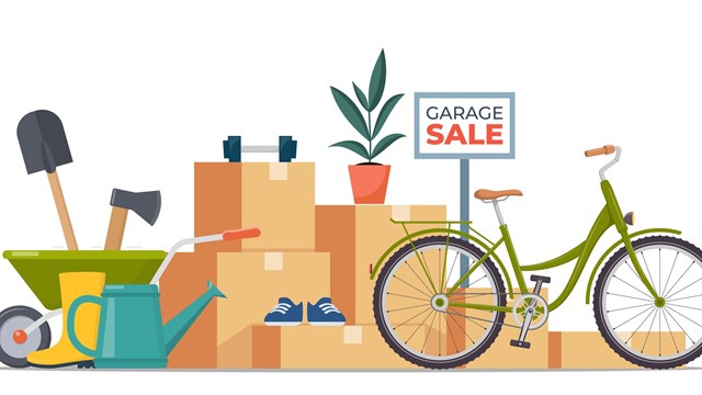 Garage sale banner with flat furniture objects arranged on the floor - house plants, guitar, books, clothes, chair and others. Flea market old stuff clutter. Vector illustration