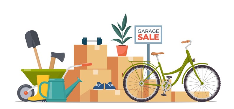 Garage sale banner with flat furniture objects arranged on the floor - house plants, guitar, books, clothes, chair and others. Flea market old stuff clutter. Vector illustration