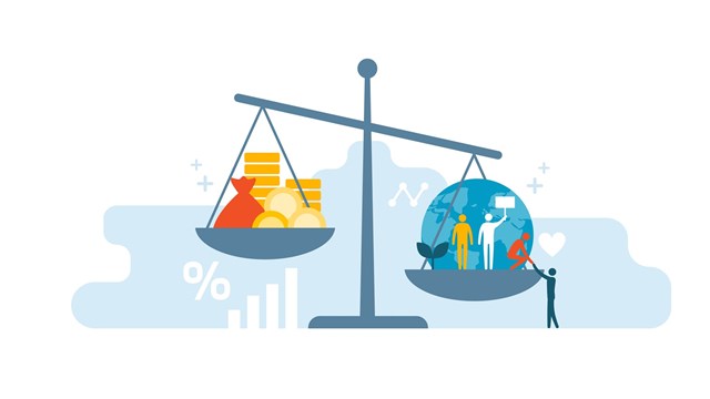 Scale with wealth and cash money on a plate and people, world, environment on the other; balancing business profits and human rights