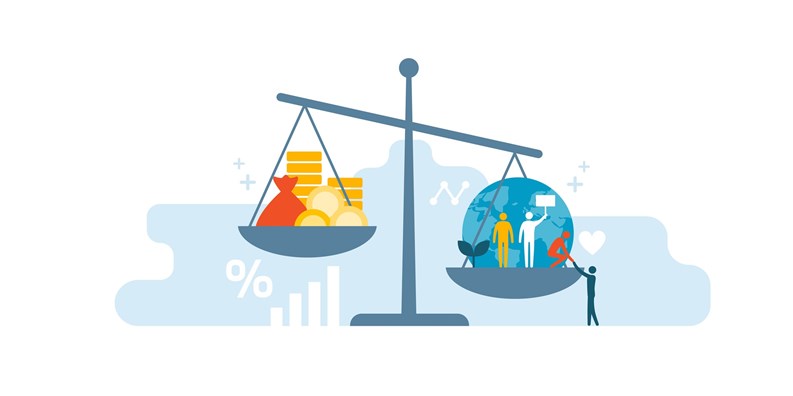 Scale with wealth and cash money on a plate and people, world, environment on the other; balancing business profits and human rights