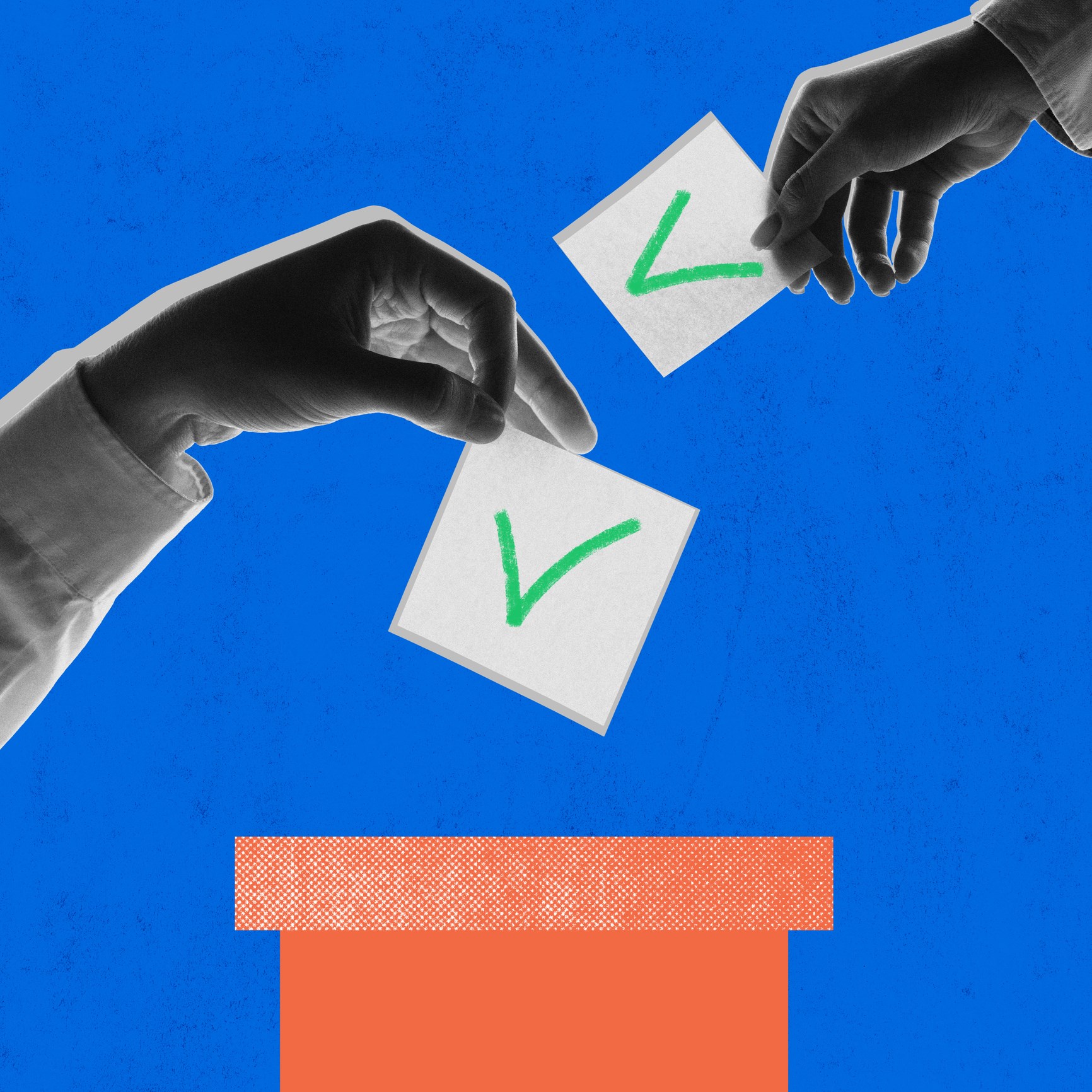 Contemporary art collage. Two hands dropping check-marked ballots into voting box, symbolizing participation in democratic process against blue background. Concept of voting, decision, democracy