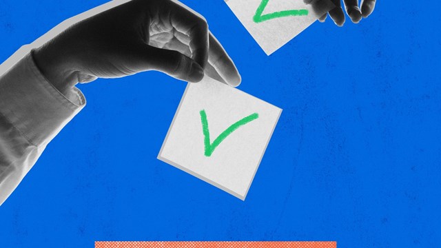 Contemporary art collage. Two hands dropping check-marked ballots into voting box, symbolizing participation in democratic process against blue background. Concept of voting, decision, democracy