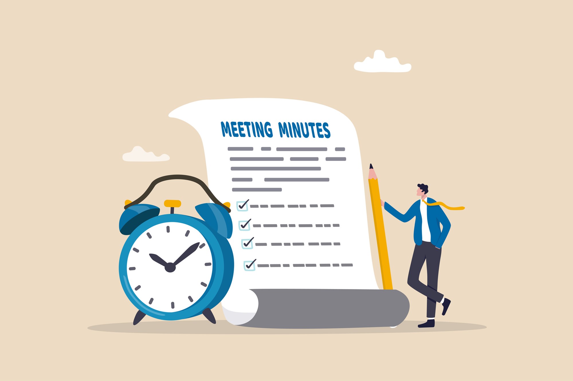 Meeting minutes, lecture summary or meeting conclusion document, effective writing for discussion plan, note or information report concept, businessman writing meeting minutes with alarm clock.